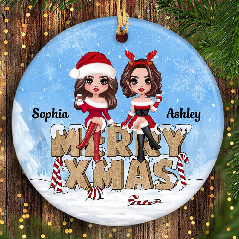 Christmas Costume Besties Sisters On Word Personalized Circle Ornament