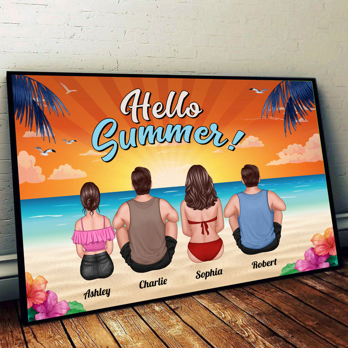 Summer Vibe Family Couple Kid Dog Cat Sitting At Beach Personalized Horizontal Poster
