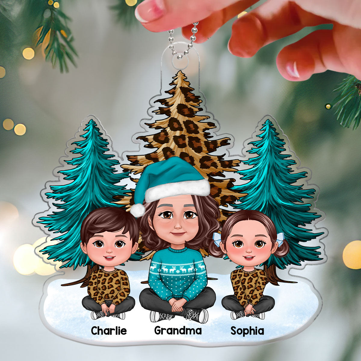 Teal And Leopard Grandma Grandkids Christmas Gift Personalized Acrylic Ornament