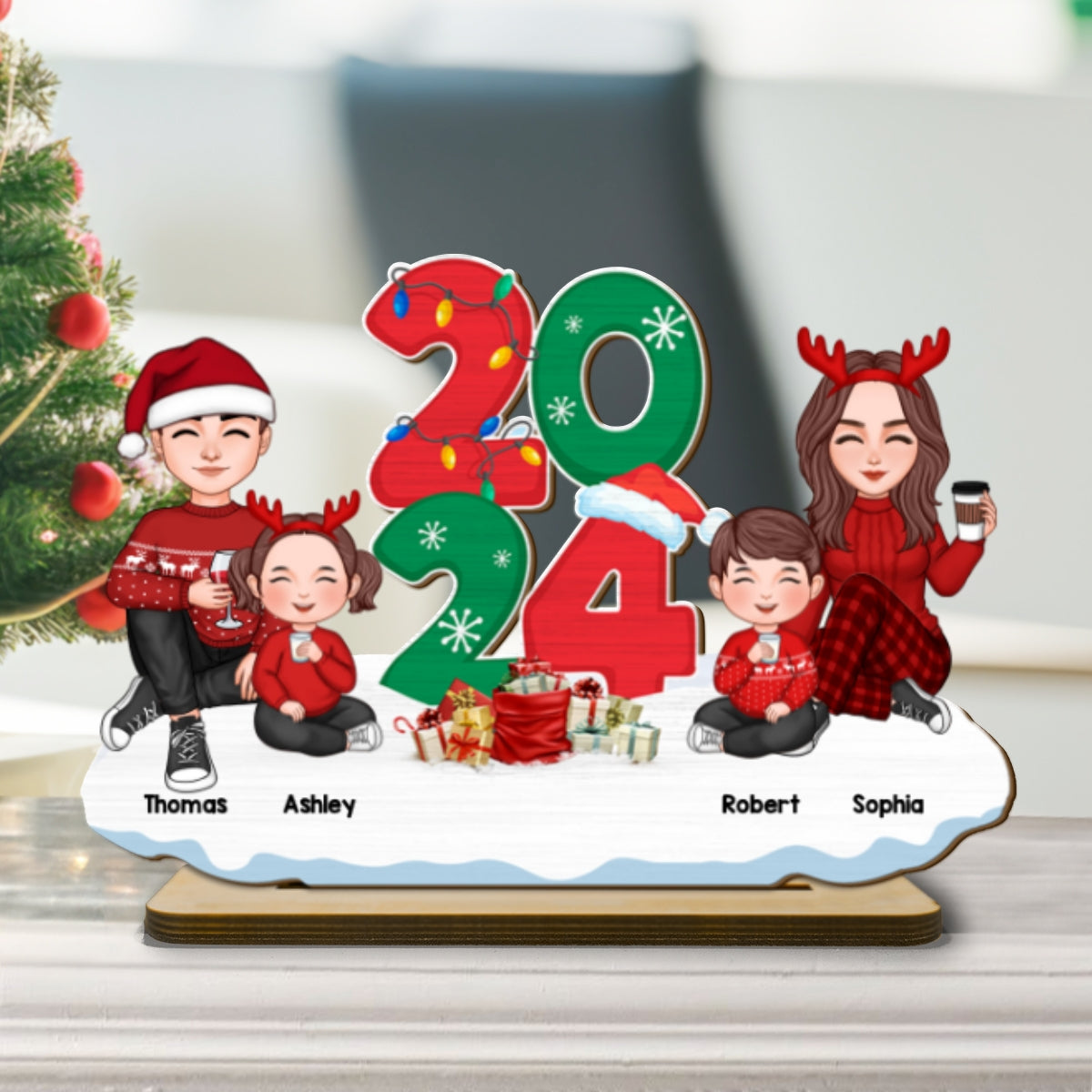 Cute Family Dad Mom Kids Sitting By 2024 Christmas Personalized 2-Layer Standing Wooden Plaque
