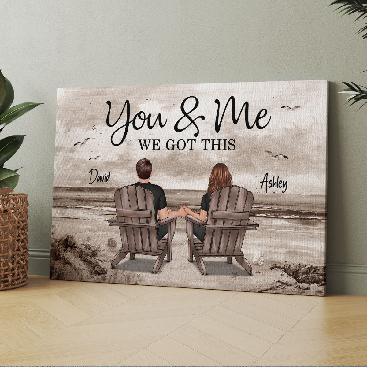 Retro Vintage Back View Couple Sitting Beach Landscape Personalized Canvas, Anniversary Gift For Couple, Husband, Wife, Dad, Mom