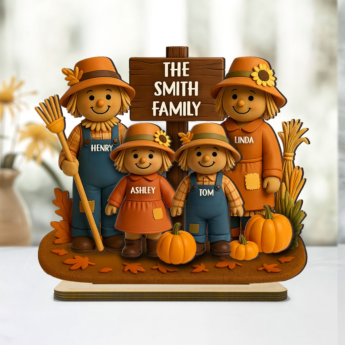 Fall Season Scarecrow Grandparents, Grandkids 3D Effect Personalized 2-Layer Wooden Plaque