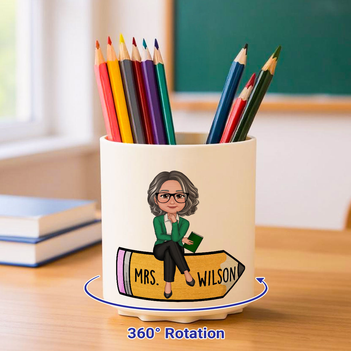 Teacher Sitting On Pencil Personalized Rotating Pen Holder, Back To School Gift, Teacher Appreciation Gift