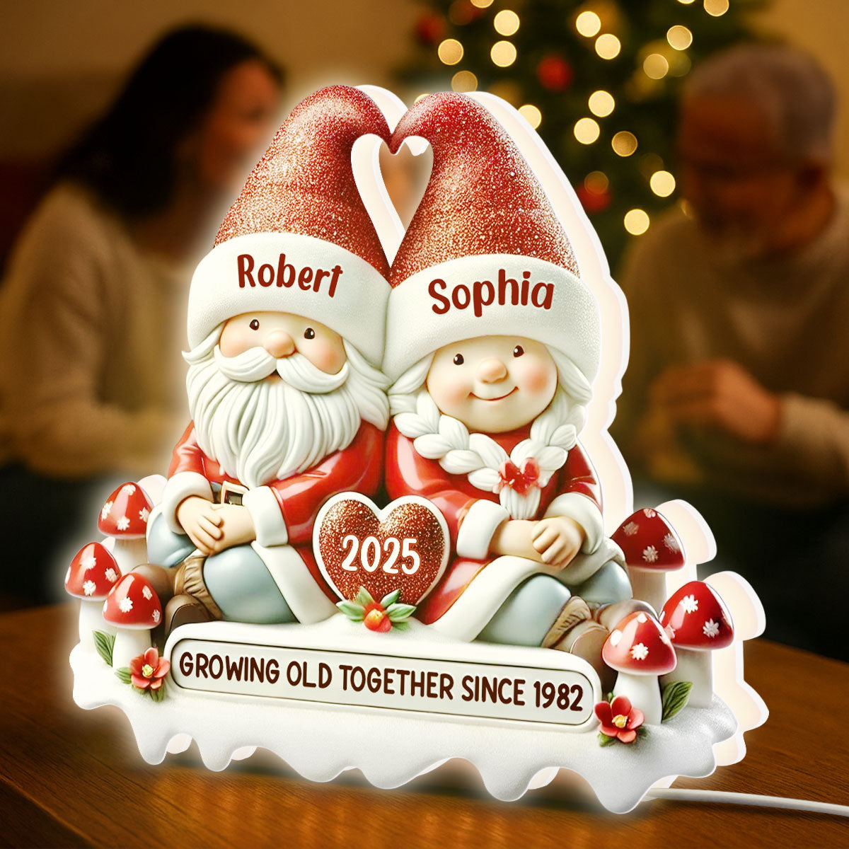 3D Effect Gnome Couple Growing Old Together Christmas - Personalized Light Box