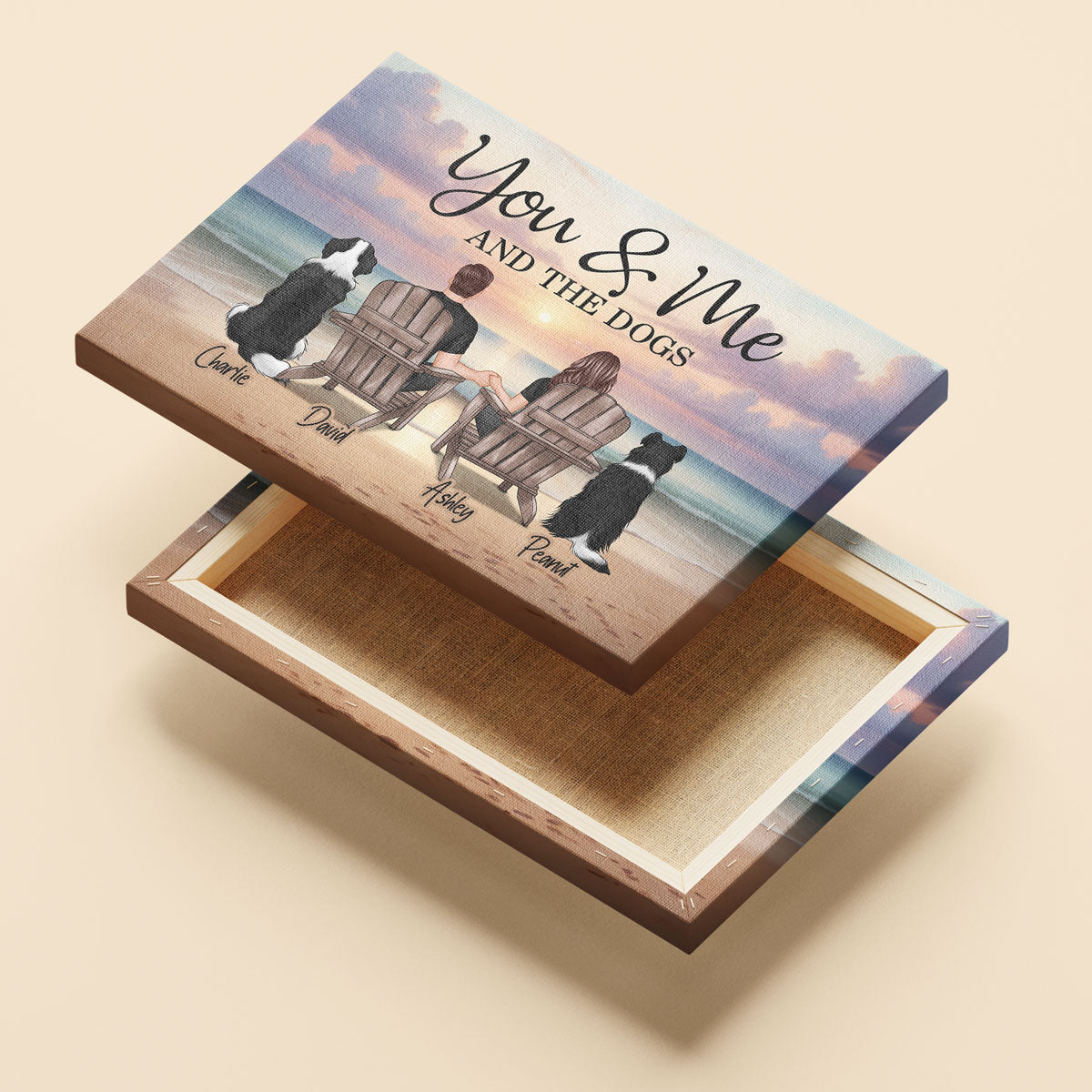 You Me And The Dogs Cats Couple Realistic Beach Landscape Personalized Canvas, Gift For Him, For Her