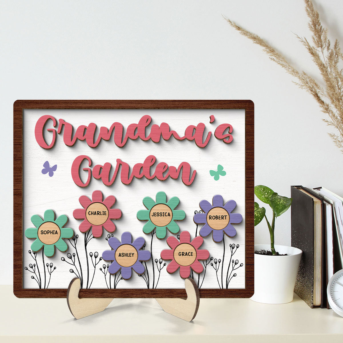 Grandma Mom Garden Colorful Flowers Personalized 2-layer Wooden Plaque