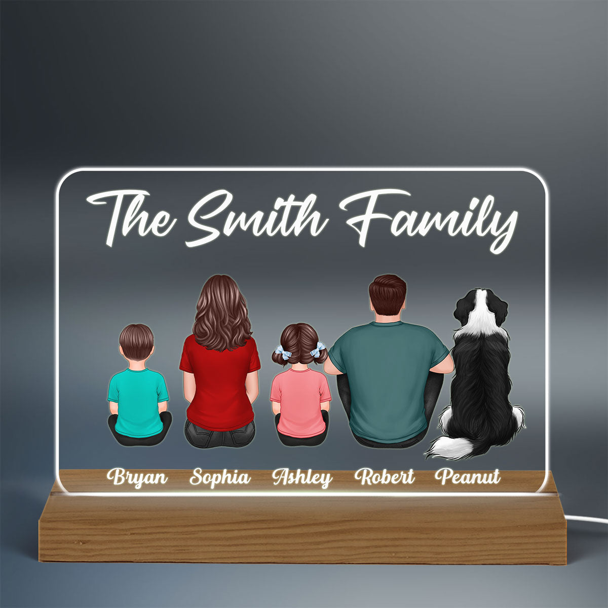 Whole Back View Family Couple Dad Mom Kids Dogs Cats Sitting Personalized Warm Custom Shape Acrylic Plaque LED Night Light