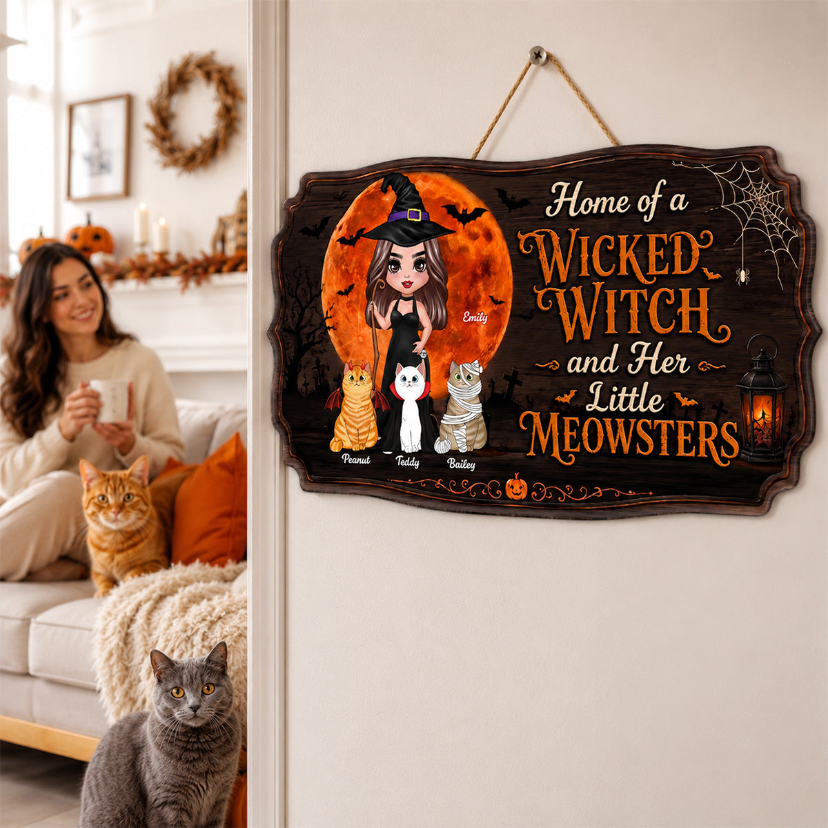 Home Of A Wicked Witch And Little Meownsters - Personalized Door Hanger Sign - Halloween Wigan Pagan Decor For Cat Mom