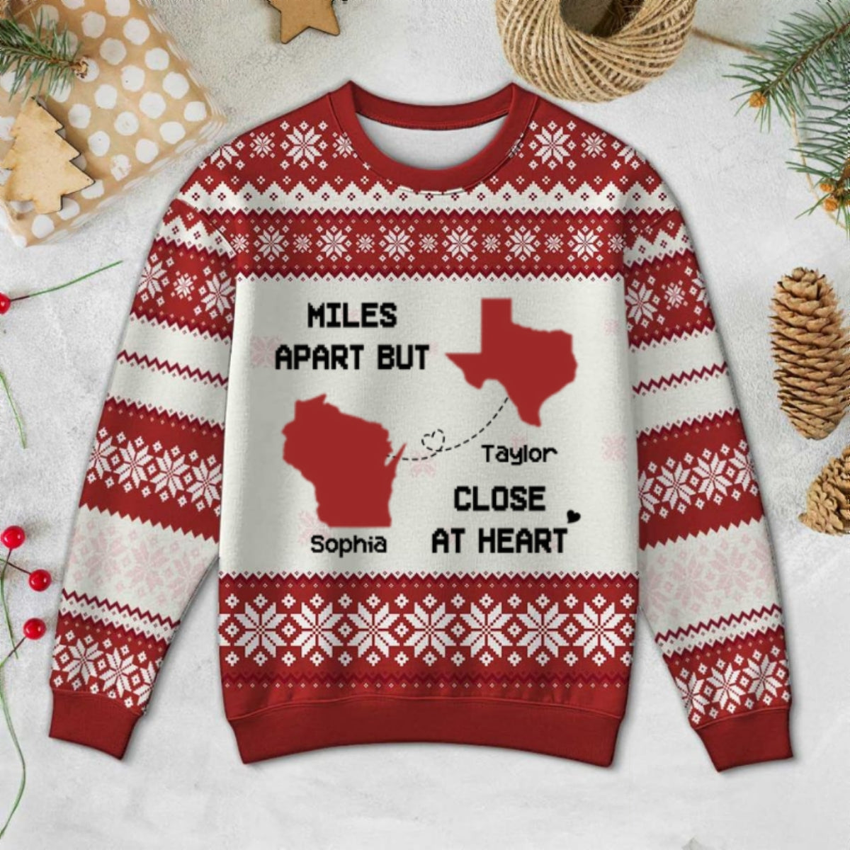 Long Distance State Map Funny Gift For Couple, Family & Friends Personalized Faux Knitting Ugly Sweater