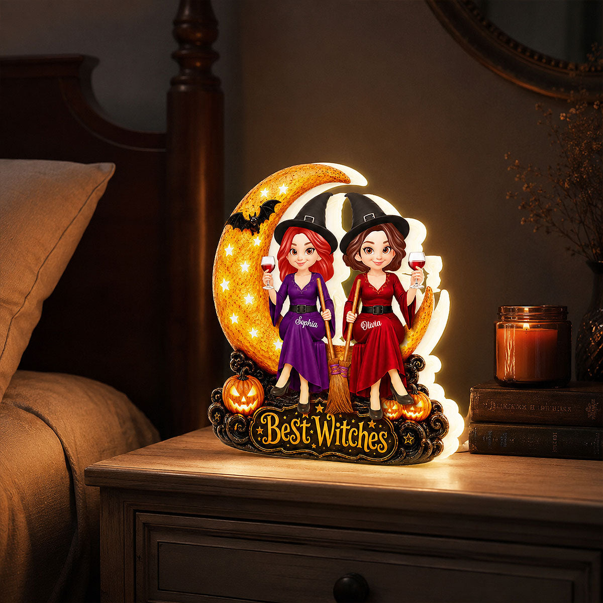 Witch Besties Sitting On Moon 2D Flat - Personalized Light Box - Halloween Gift Decoration