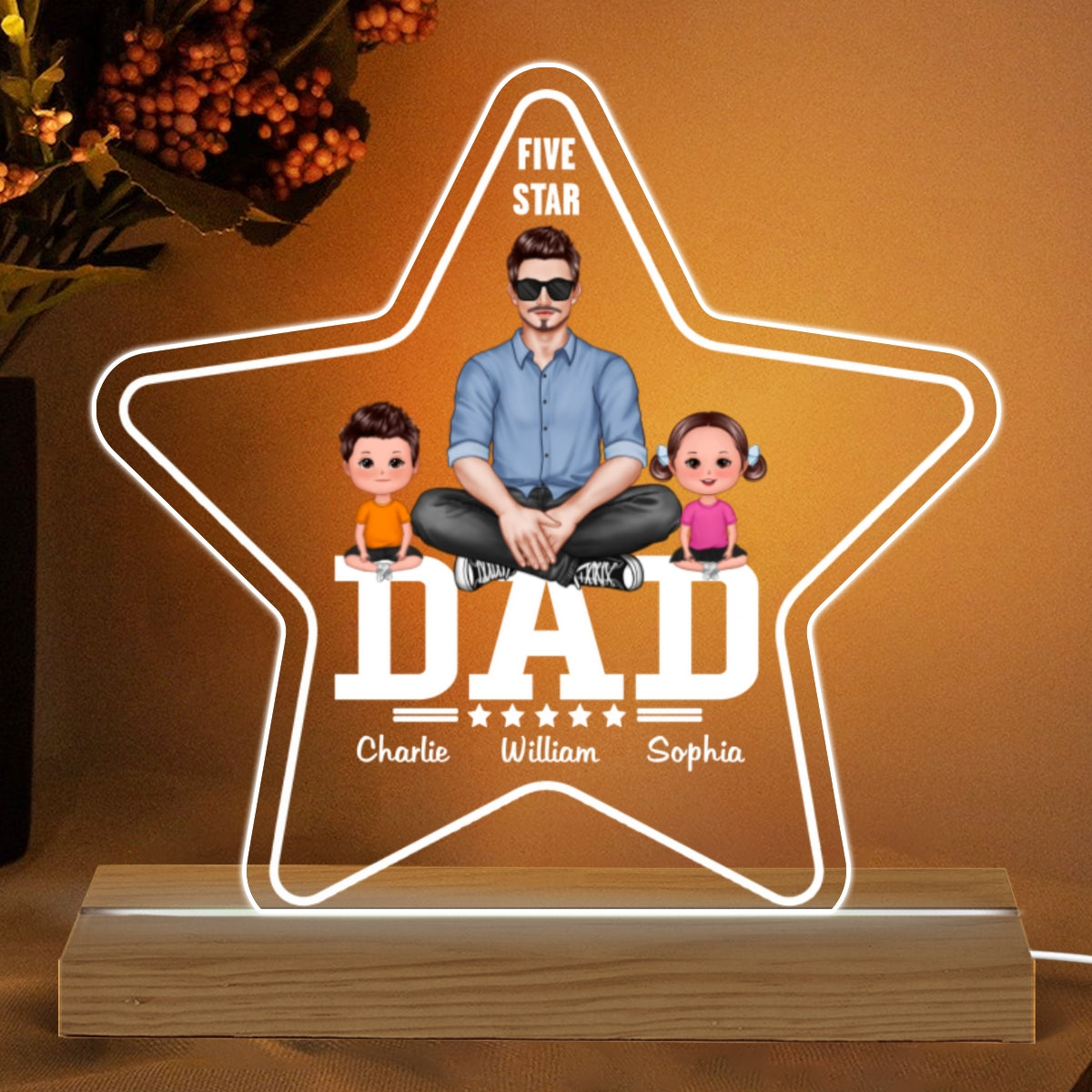 Five - Star Dad Real Man And Kids Sitting Personalized Custom Shape Acrylic LED Night Light