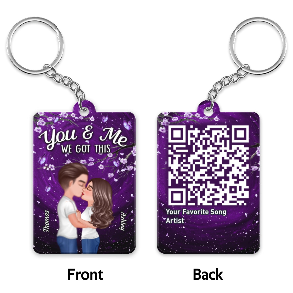 Purple Flowers Doll Couple Kissing Favorite Song QR Code Personalized Acrylic Keychain
