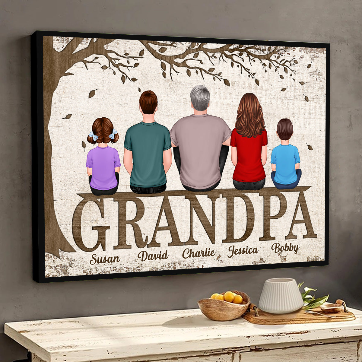Dad Grandpa Back View Man And Kids Dogs Cats Sitting On Words Under Tree Personalized Horizontal Poster