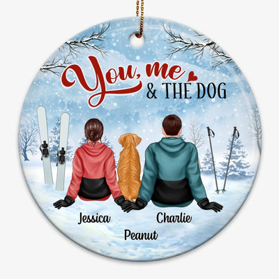Couple And The Dogs Skiing Winter Christmas Personalized Circle Ornament