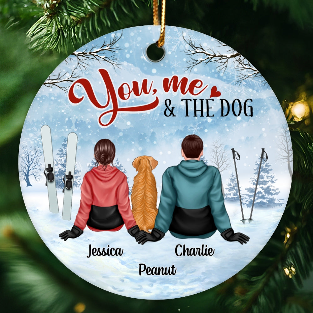 Couple And The Dogs Skiing Winter Christmas Personalized Circle Ornament