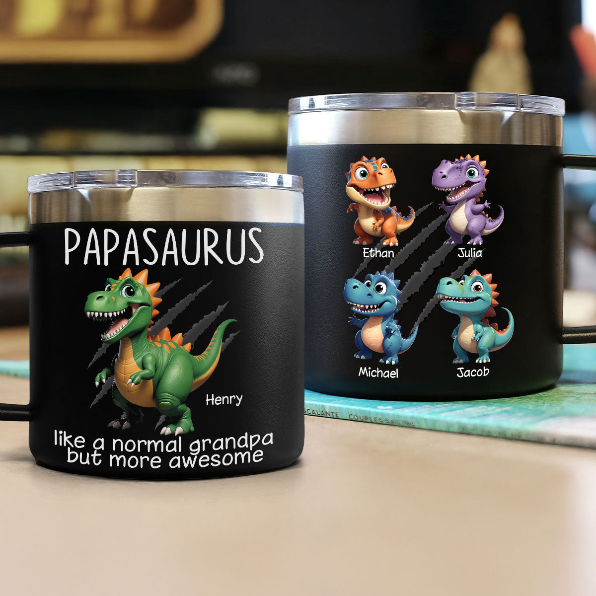 Grandpasaurus And Kids 3D Effect Dinosaurs Personalized Stainless Steel Tumbler With Handle, Father's Day Gift For Grandpa