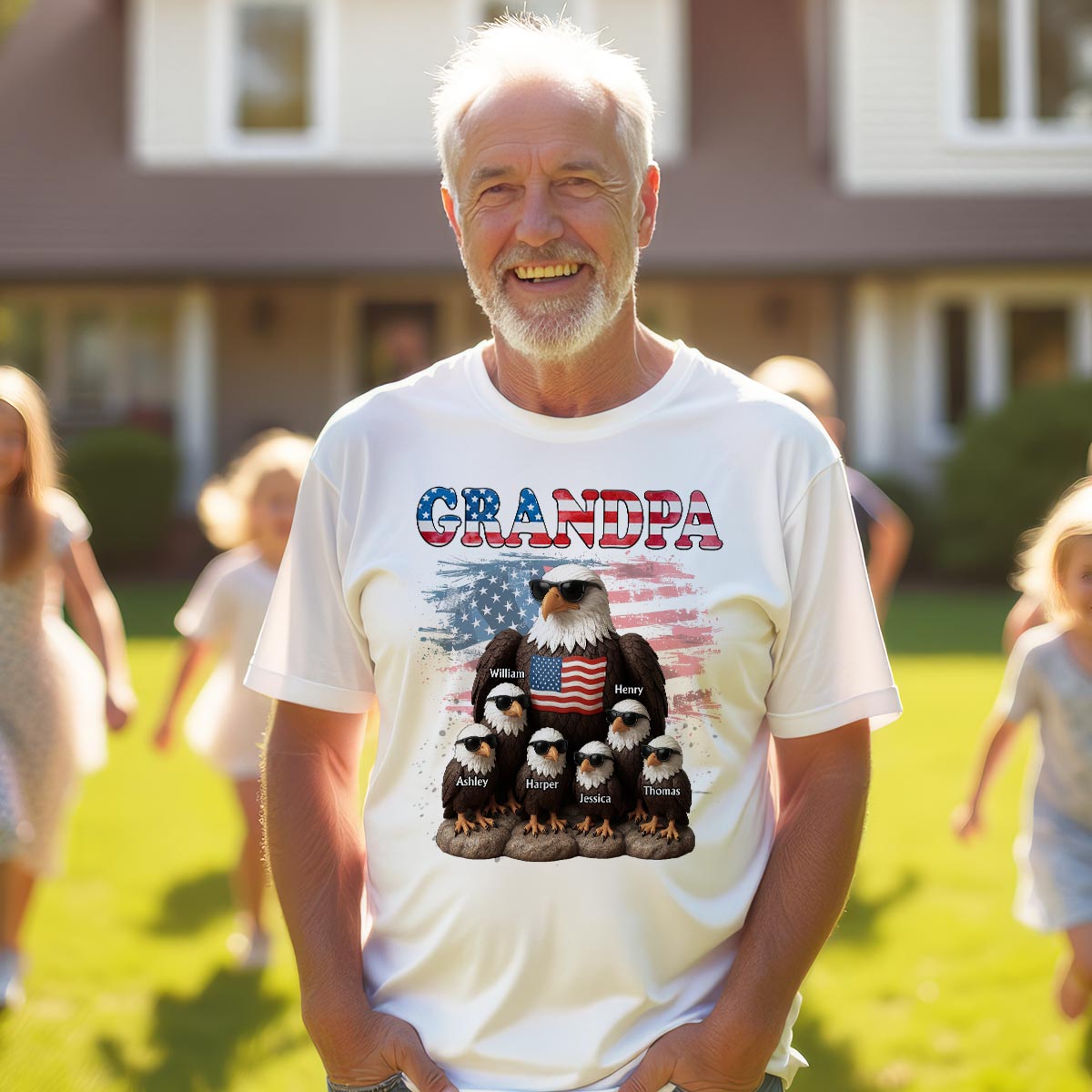 Patriotic Eagle Grandpa Dad & Kids 3D Effect Personalized Shirt, Gift For Dad Grandpa