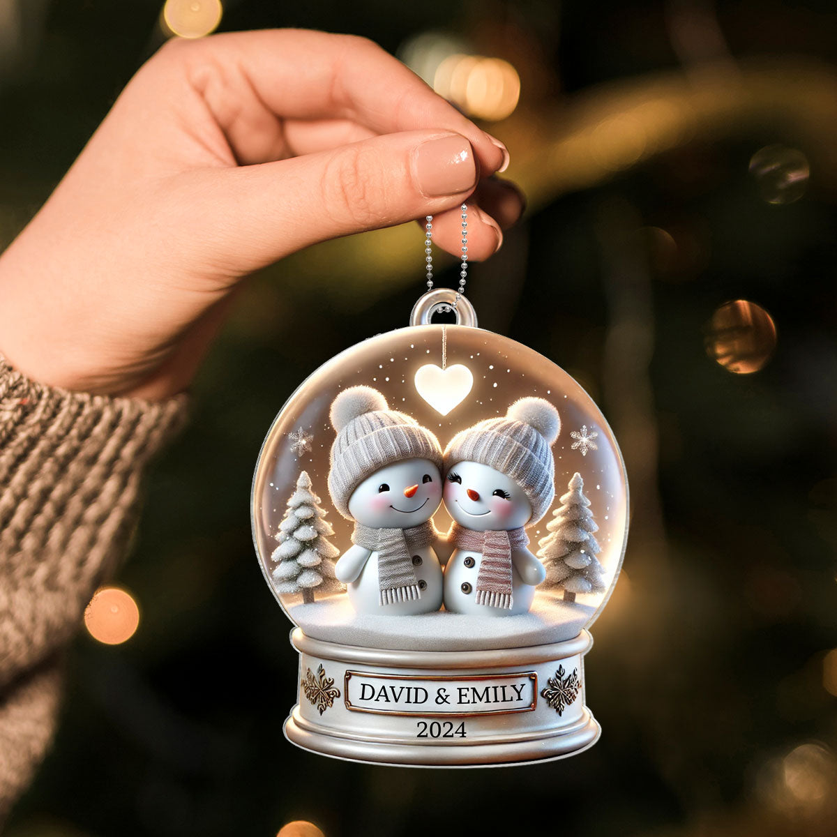 Snow Globe Snowman Couple White Christmas Acrylic Ornament, Personalized Couple 3D Effect Ornament, Christmas Gift For Married Engaged Couples, For Couples