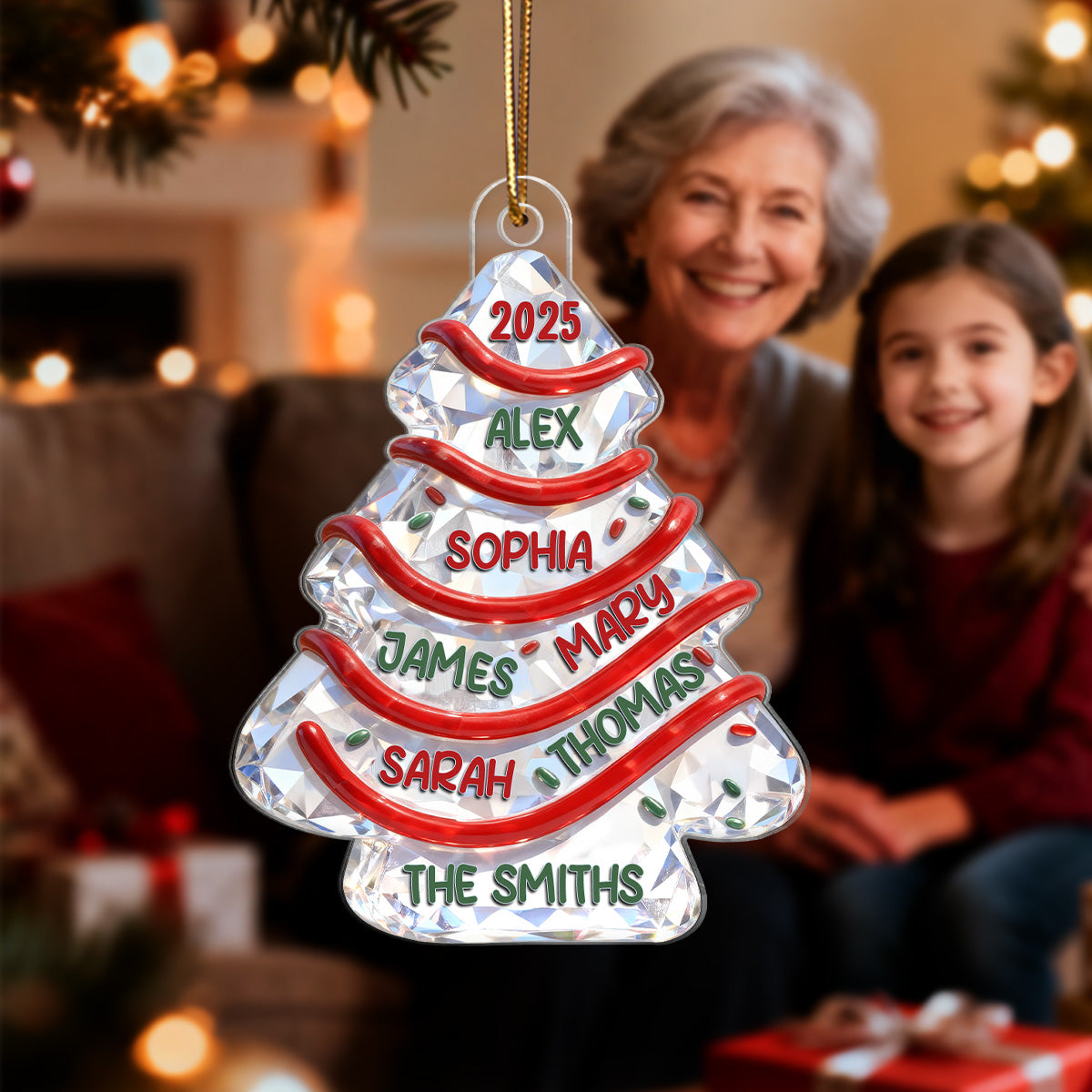 3D Effect Flat Family Names Christmas Tree Cake - Personalized Acrylic Ornament - Christmas Gift For Whole Family, Extended Family
