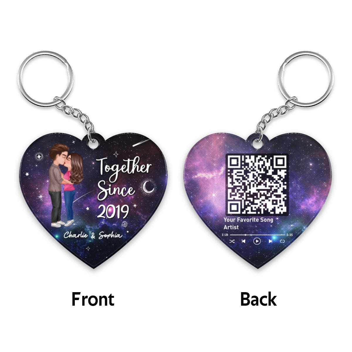 Doll Couple Kissing In Galaxy Night Favorite Song Scannable QR Code Personalized Heart Shape Acrylic Keychain