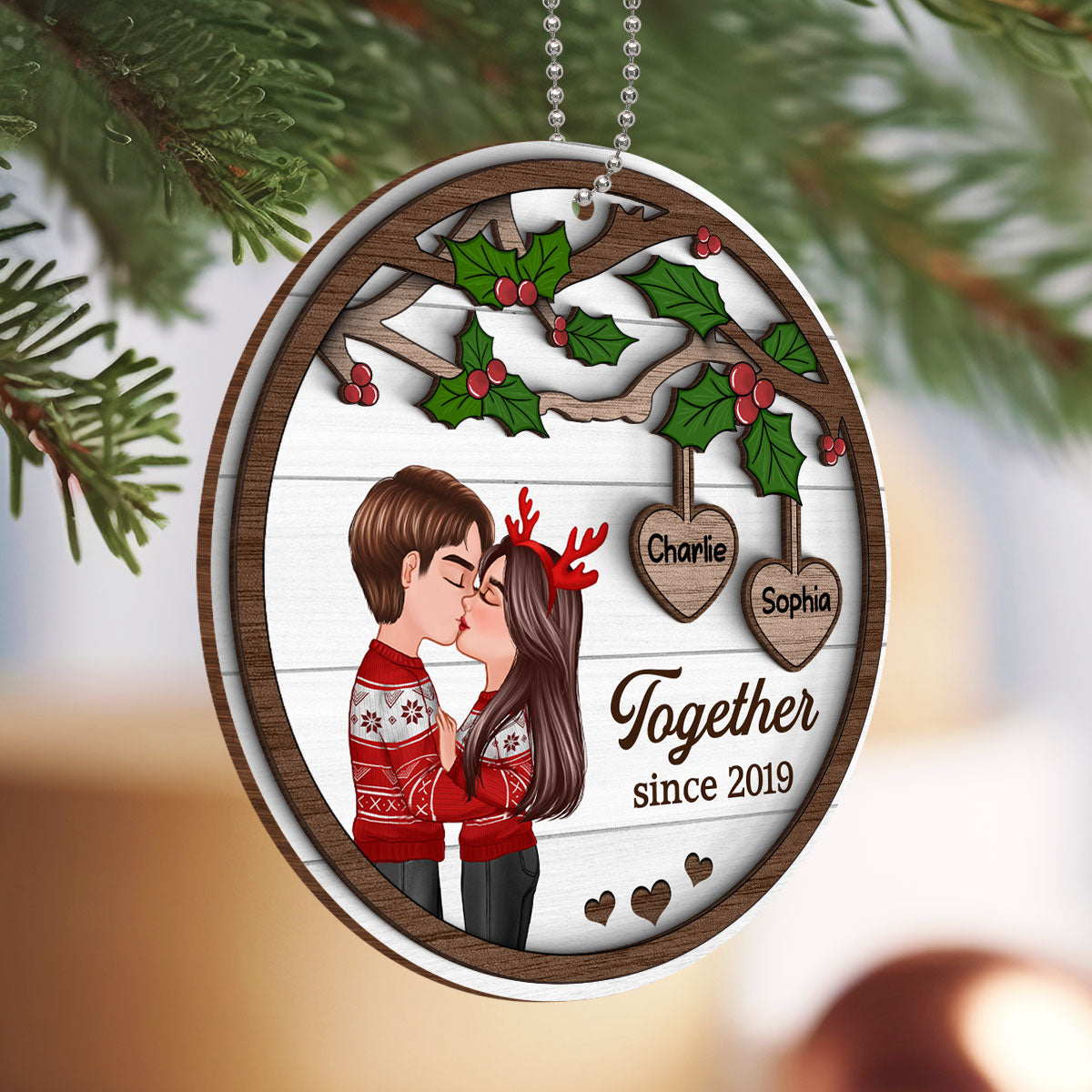 Couple Kissing Under Mistletoe Personalized 2-Layer Wooden Ornament, Christmas Gift For Him, For Her