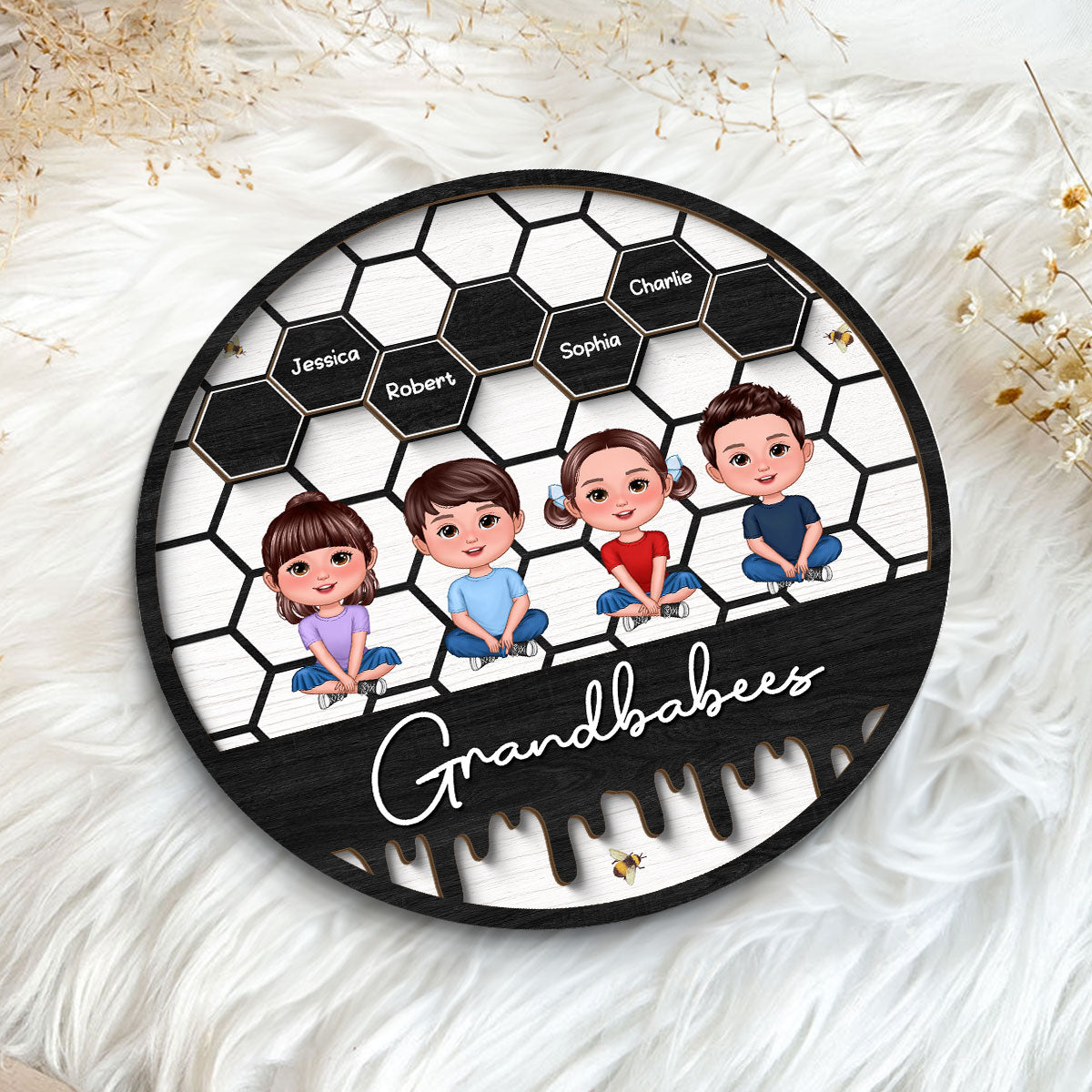 Grandbabees Crossed Legs Sitting Personalized 2-layer Wooden Plaque, Gift For Grandma