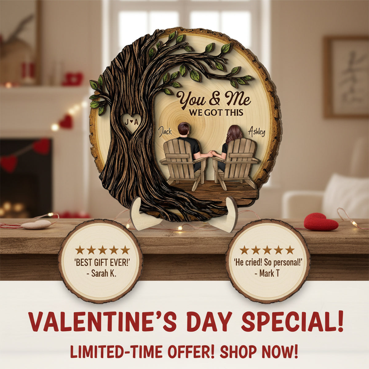 Couple Sitting Under Heart Carved Tree - Personalized 2-Layered Wooden Plaque - Valentine's Day Gift For Couple