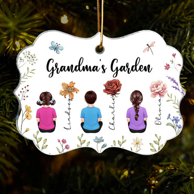 Grandkids Sitting Grandma Garden Vintage Birth Month Flowers Personalized Acrylic Ornament, Christmas Gift For Grandma