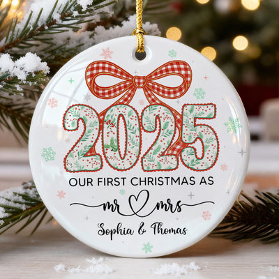 2025 First Christmas As Mr. & Mrs. Christmas Greenery Theme - Personalized Ceramic Ornament - Married, Engagement Gift for Couples