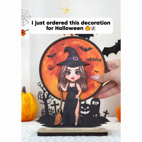 Witch Under Halloween Moon Tabletop Tier Tray Wicca Pagan Decor Personalized 2-Layer Standing Wooden Plaque