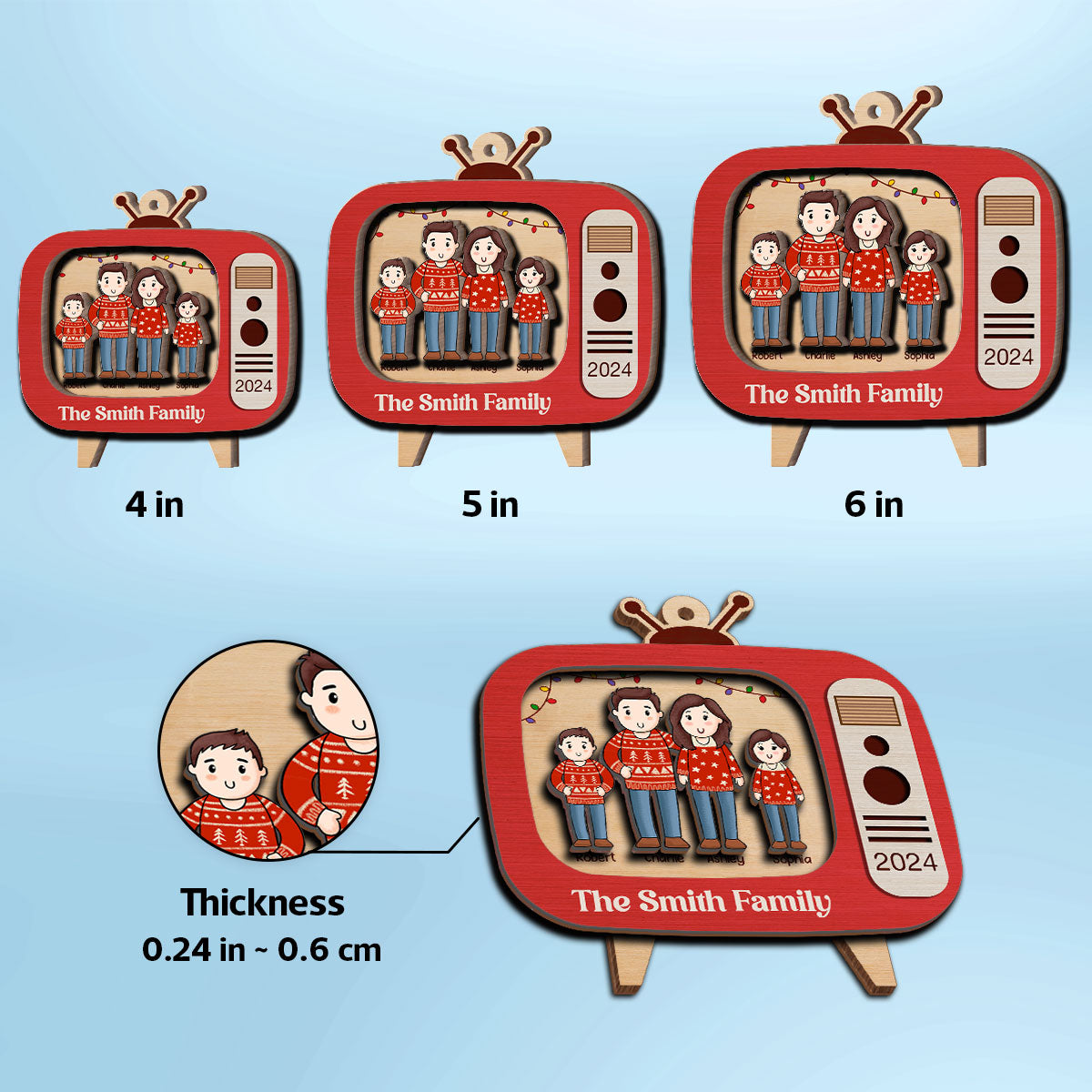 Comic Family In Christmas Red Retro Televison Personalized 2-Layer Wooden Ornament