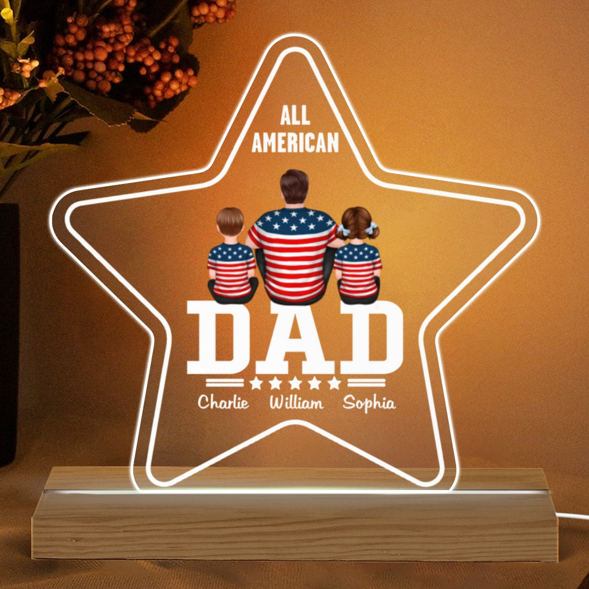 Five - Star Dad All American Dad Back View Man & Kids Dog Cat Personalized Custom Shape Acrylic Plaque With Warm LED Night Light