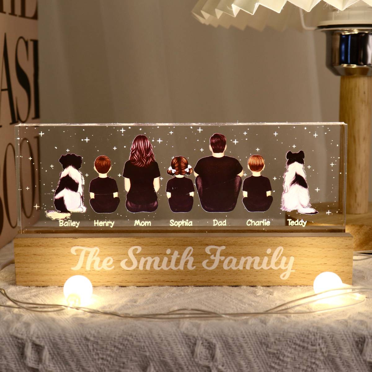 The Whole Family Dad Mom Kids Dogs Cats Personalized Acrylic Block LED Night Light