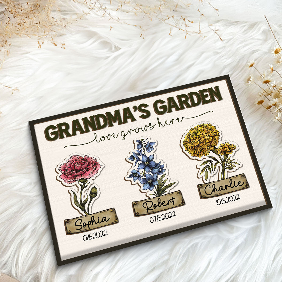 Grandma Garden Love Grows Here Grandkids Birth Flower Name and Birthday Personalized 2-Layer Wooden Plaque