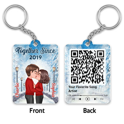 Doll Couple Kissing Winter Lamp Post Road Favorite Song QR Code Personalized Acrylic Keychain