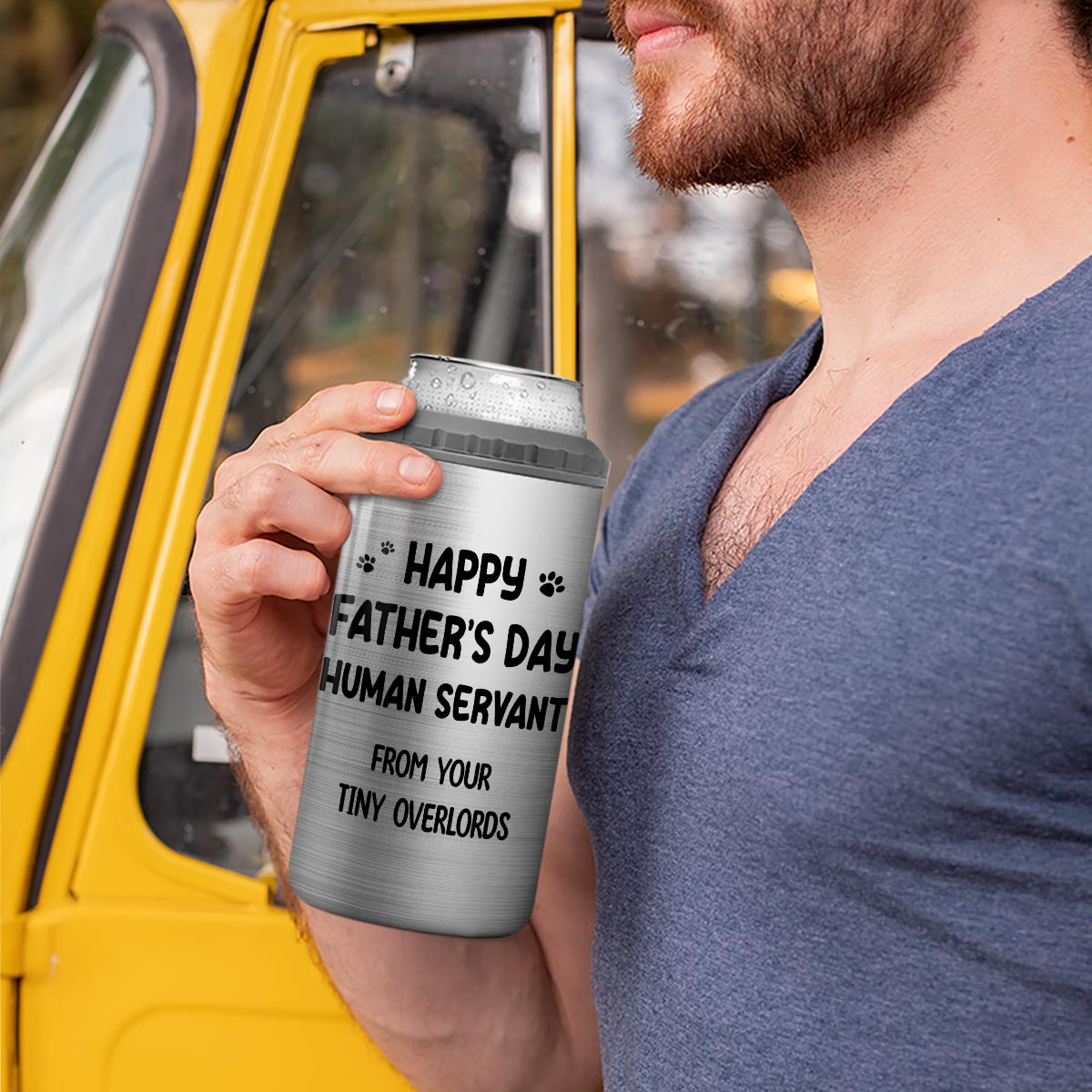 Happy Father‘s Day Human Servant Stacked Funny Cute Cat Gift For Cat Lover Personalized 4 In 1 Can Cooler
