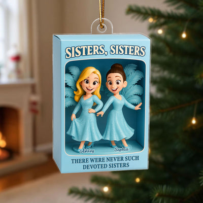 Sisters Besties in Blue Dress Custom Name Toy Box Figure Style Personalized Acrylic Ornament