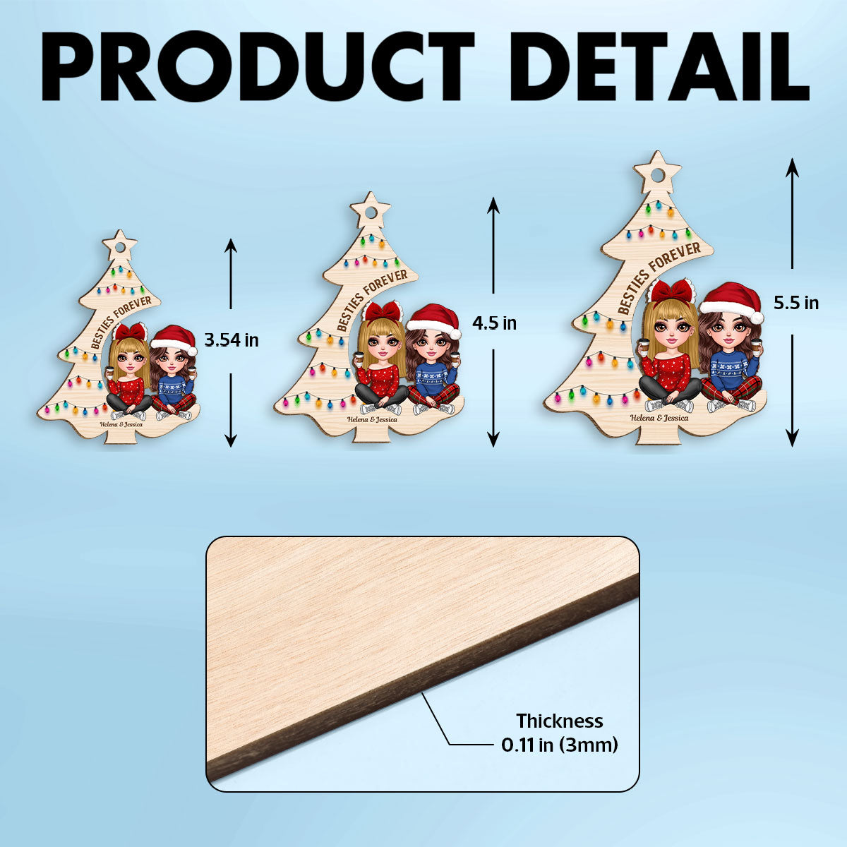 Pretty Besties Sisters Sitting Christmas Tree Personalized Wooden Ornament, Christmas Gift for Best Friends, Sisters