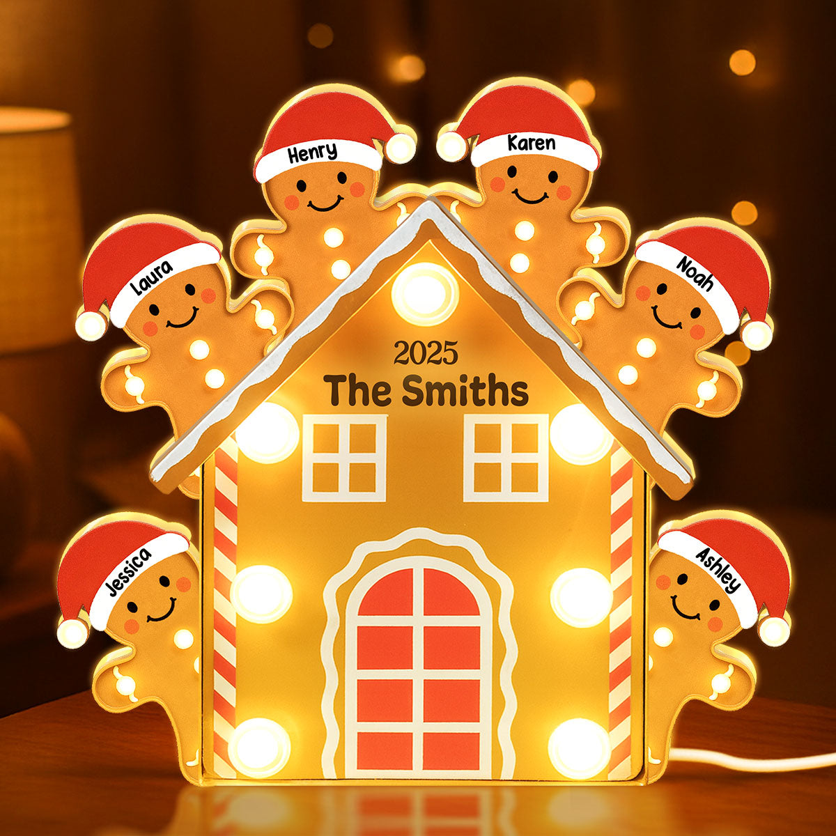 Gingerbread House Family Marquee Effect Personalized LED Light Box, Christmas Decoration