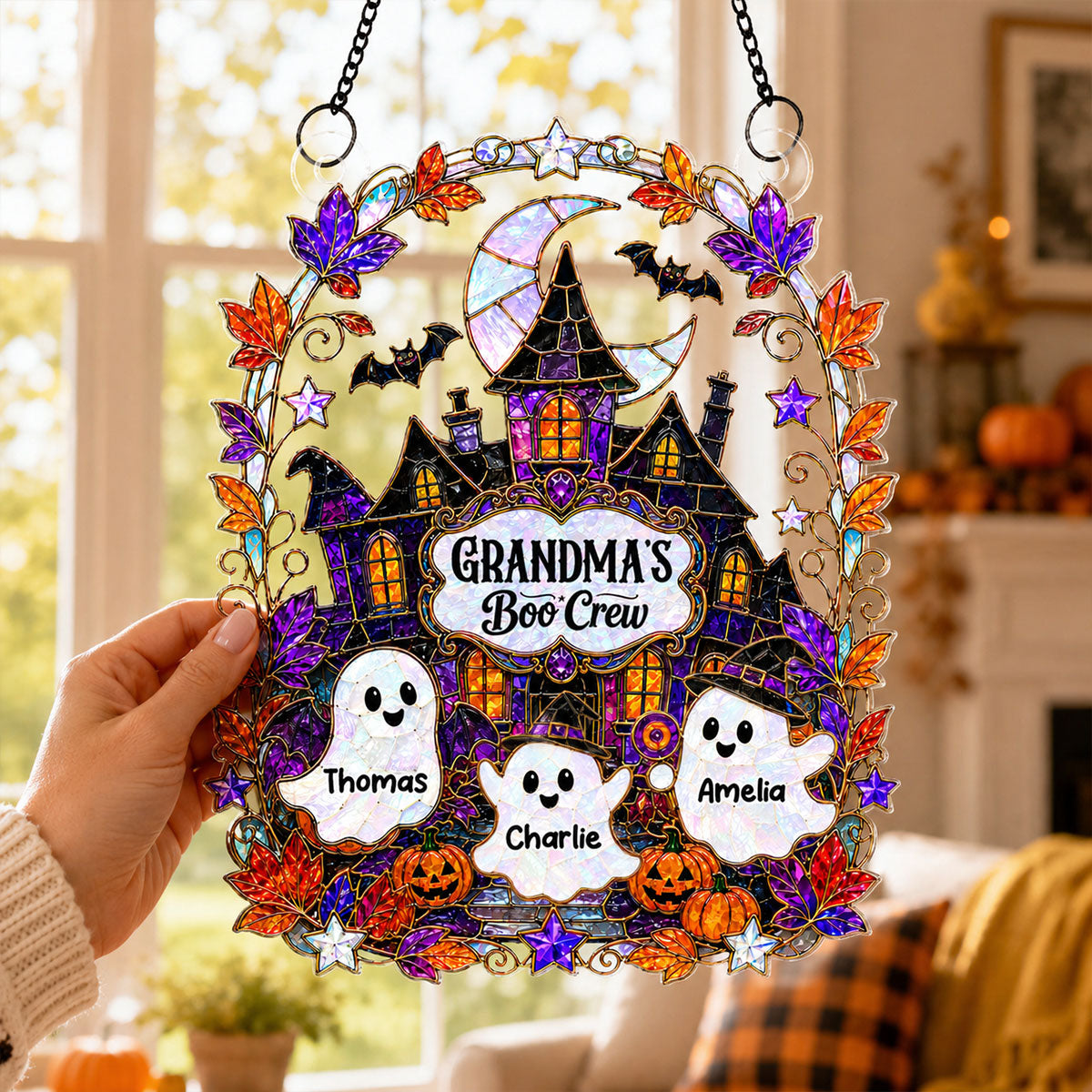 Whimsical Grandma's Boo Crew Haunted House - Personalized Acrylic Suncatcher - Halloween Decoration For Grandma