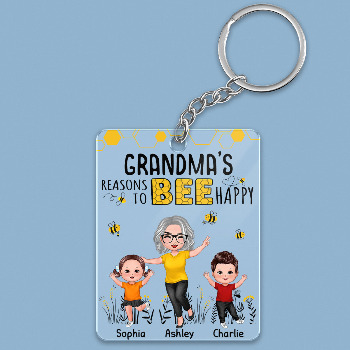 Reasons To Bee Happy Doll Grandma Grandkids Personalized Acrylic Keychain