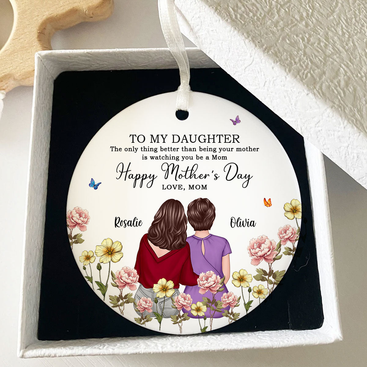 To My Daughter From Mom In Birth Month Flower Garden Personalized Circle Ceramic Ornament, Mother's Day gift
