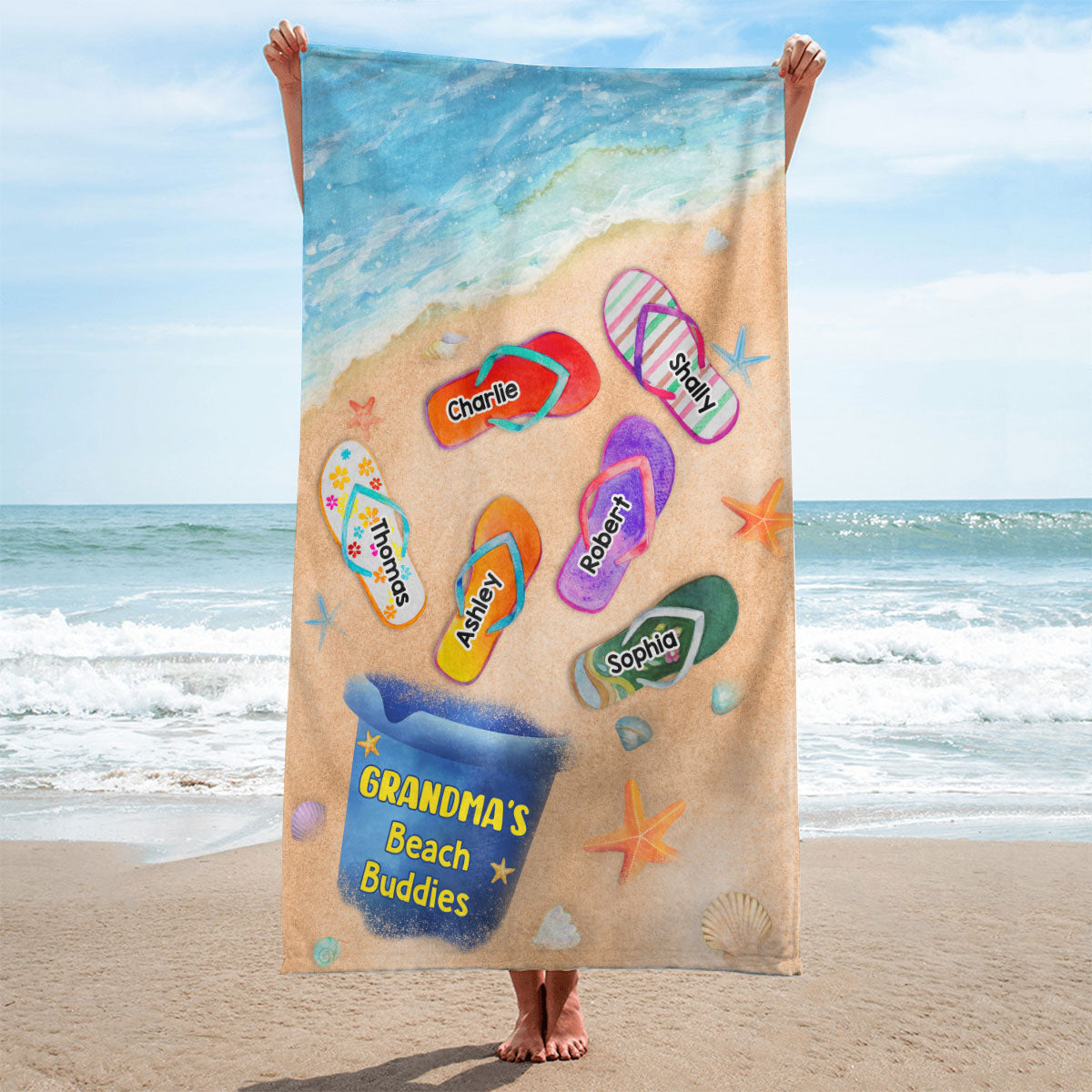 Grandma Mom Beach Buddies Summer Flip Flops Personalized Beach Towel