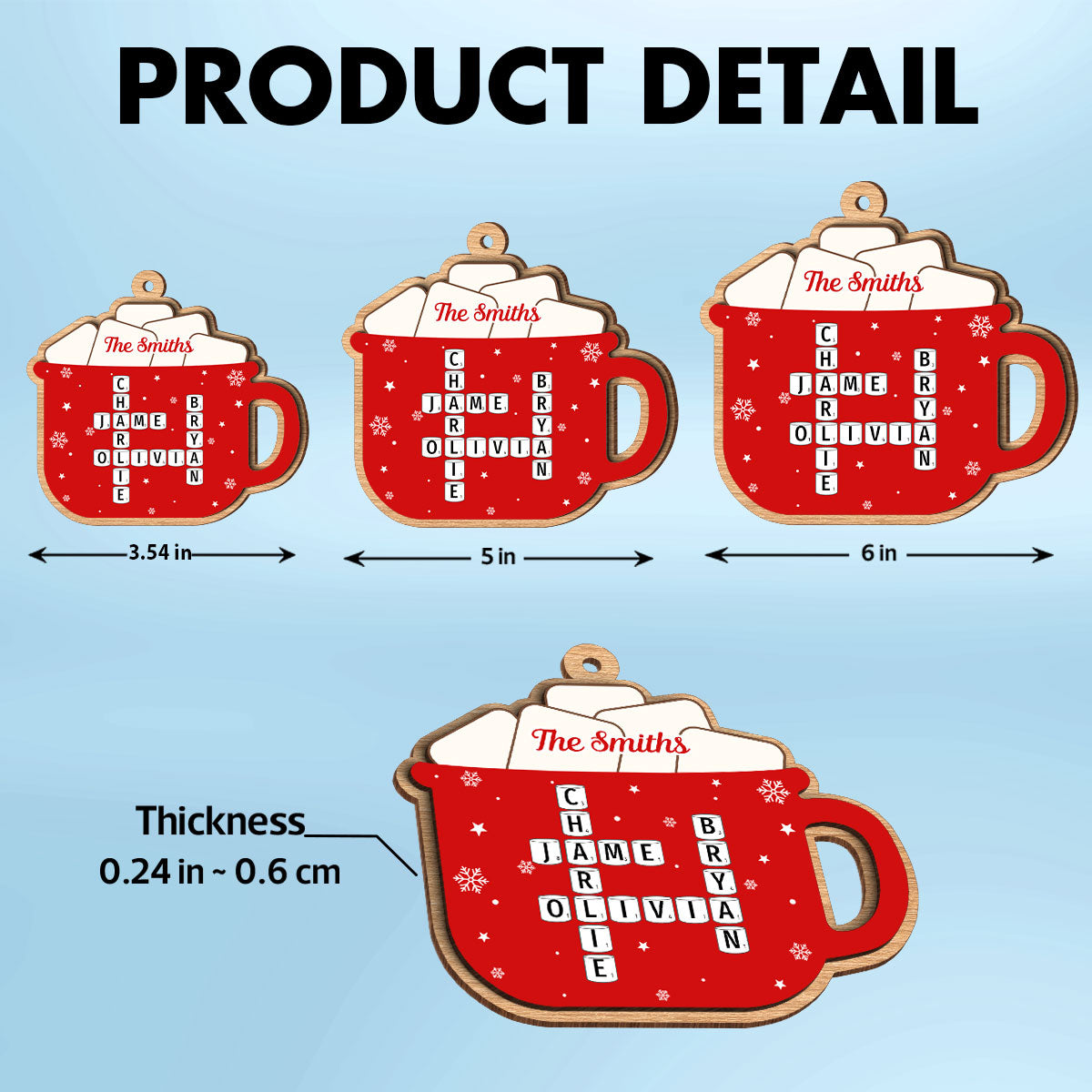 Hot Cocoa Christmas Family Marshmallows Personalized 2-Layer Wooden Ornament