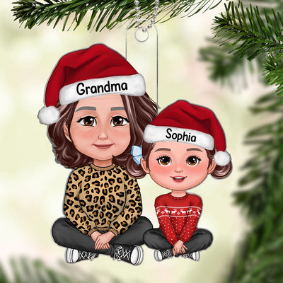 Leopard Grandma Grandkids Crossed Legs Christmas Gift For Granddaughter Grandson Personalized Acrylic Ornament