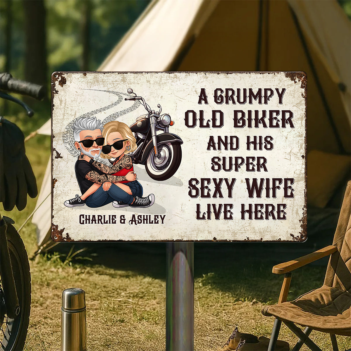An Old Grumpy Biker and His Sexy Wife Live Here Personalized Metal Sign, Gift for Biker Couple