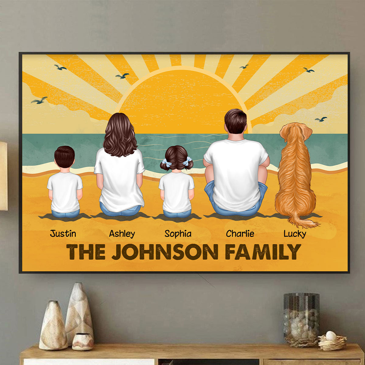 Family Sitting Summer Retro Beach Personalized Poster, Meaningful Father's Day Gift for Dad, Gift for Husband