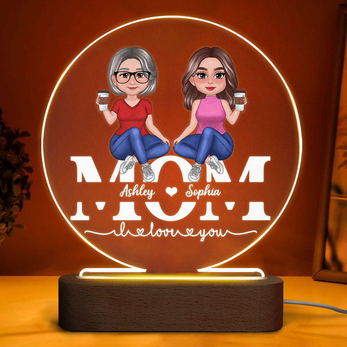 Pretty Doll Mother Daughters Sitting On Text Personalized Acrylic Circle LED Night Light