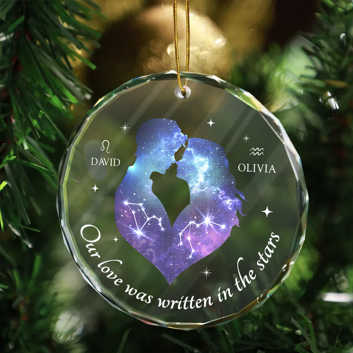 Our Love Was Written In The Stars Hugging Couple Personalized Zodiac Sign Glass Ornament, Birthday Christmas Wedding Gift For Couple, Girlfriend, Boyfriend, Astrology Lovers