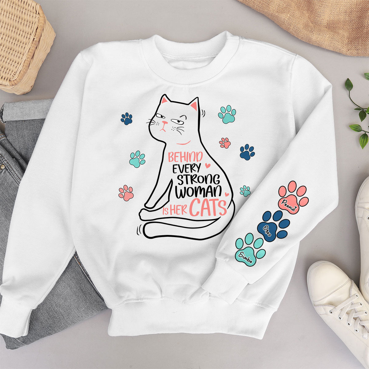 Behind Every Strong Woman Is Her Cats Personalized Sleeve Printed Sweatshirt